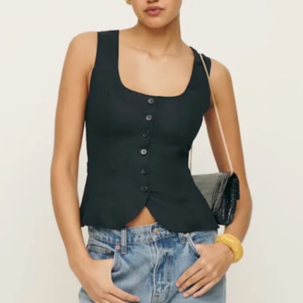 BEST Reformation Delanie Linen Top Sz2 Black Noir French Causal Classic